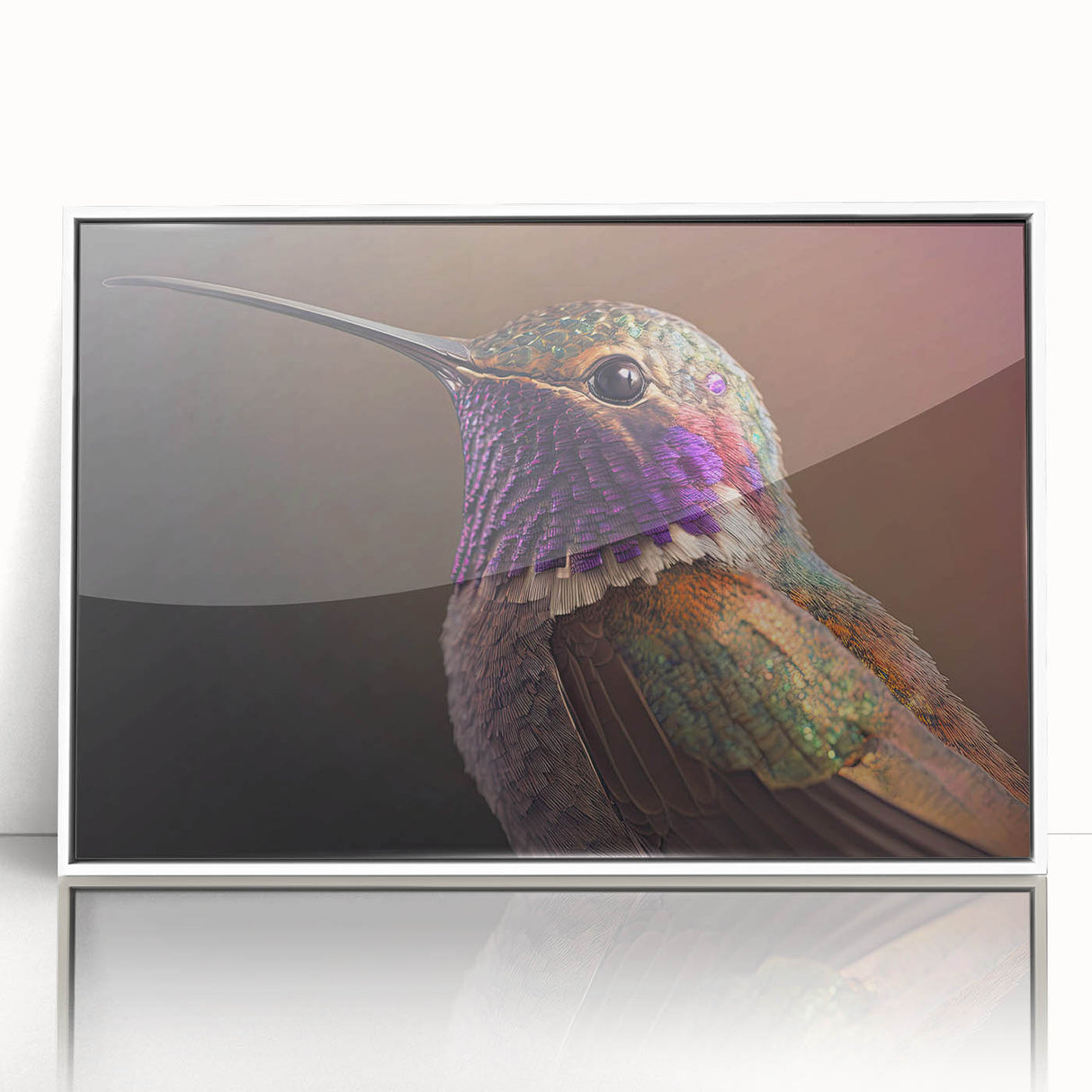 Framed acrylic wall art featuring a vibrant hummingbird design, showcasing intricate details and bright colors, ideal for enhancing home decor with a nature-inspired theme.