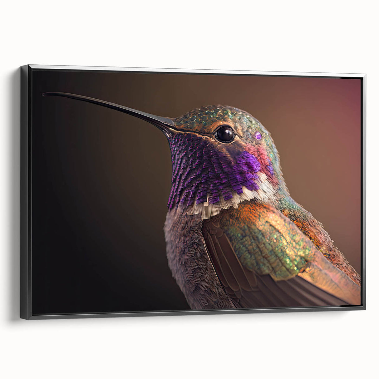 Framed wall art showcasing a vibrant hummingbird design on canvas, featuring a sleek black frame and a side view to highlight its elegant composition.