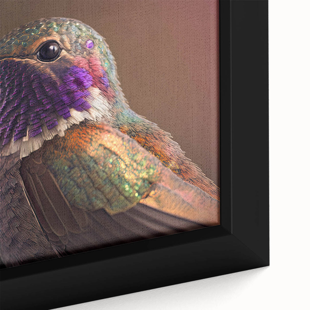 Close-up of a framed canvas wall art featuring a vibrant hummingbird design, showcasing intricate details and vivid colors, ideal for nature lovers and home decor enthusiasts.
