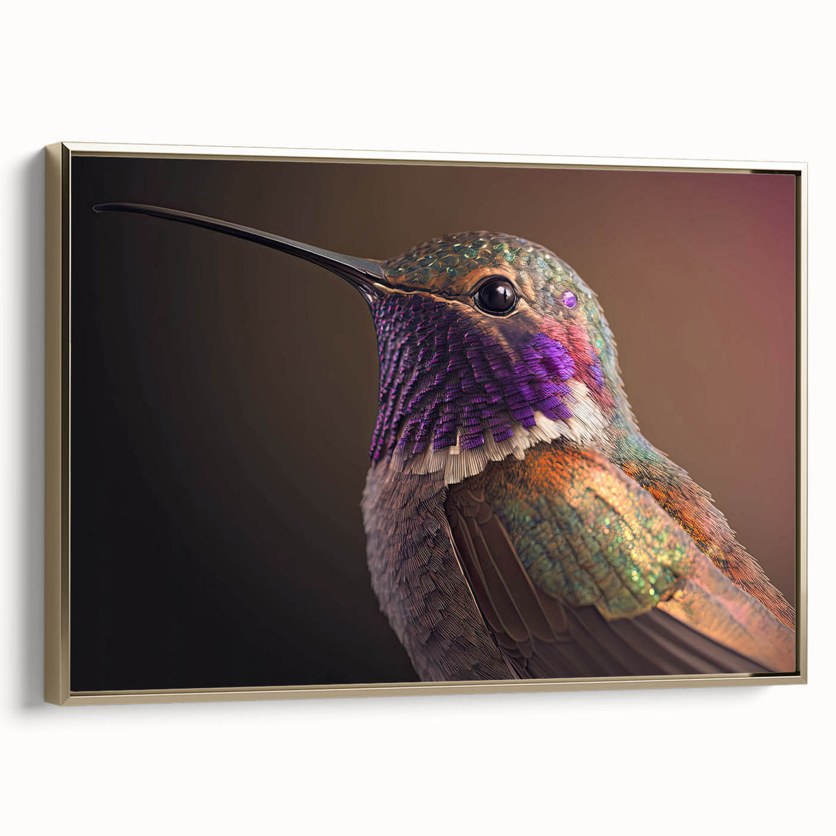Framed canvas wall art showcasing a vibrant hummingbird design in gold tones, elegantly displayed from the side, perfect for nature-themed decor.