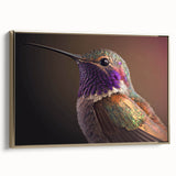 Framed canvas wall art showcasing a vibrant hummingbird design in gold tones, elegantly displayed from the side, perfect for nature-themed decor.