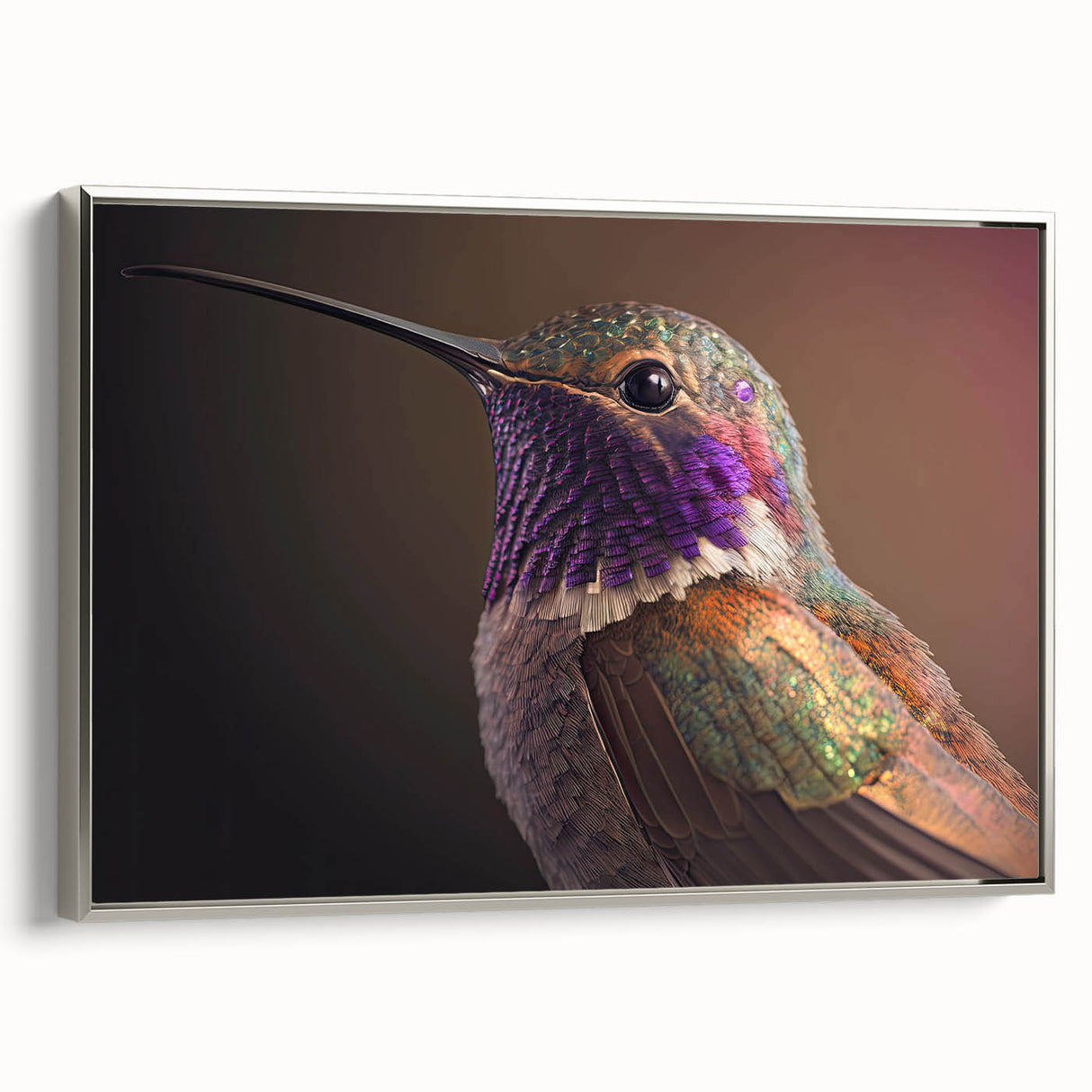 Framed wall art featuring a vibrant hummingbird design in a silver frame, showcasing intricate details and colorful accents, ideal for home decor enhancement.
