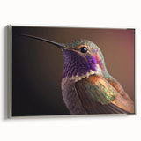 Framed wall art featuring a vibrant hummingbird design in a silver frame, showcasing intricate details and colorful accents, ideal for home decor enhancement.
