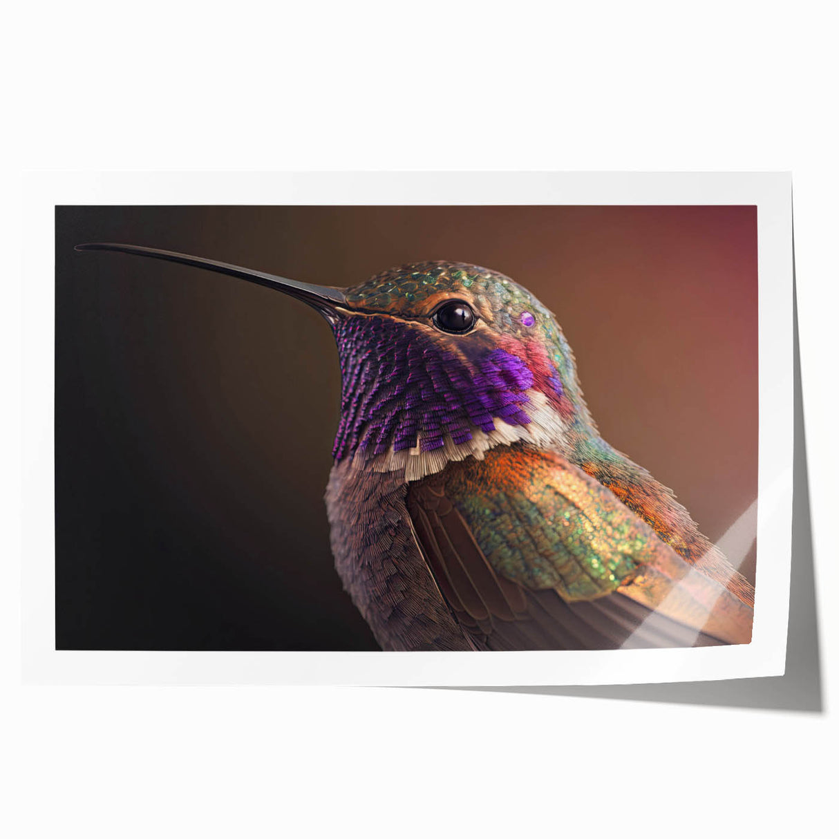 Vibrant rolled print showcasing a colorful hummingbird design, perfect for wall art decor. Ideal for nature lovers, this artwork adds a lively touch to any space.