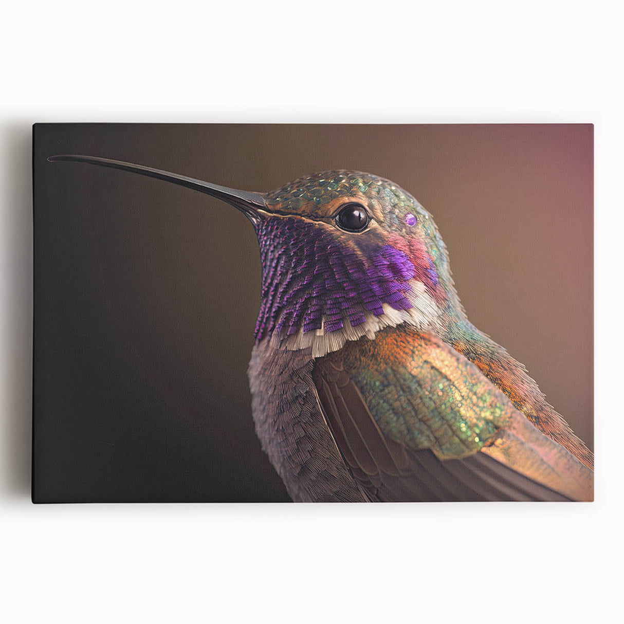Colorful hummingbird wall art design on stretched canvas, showcasing vivid blues, greens, and yellows; perfect for vibrant home decor and nature enthusiasts.