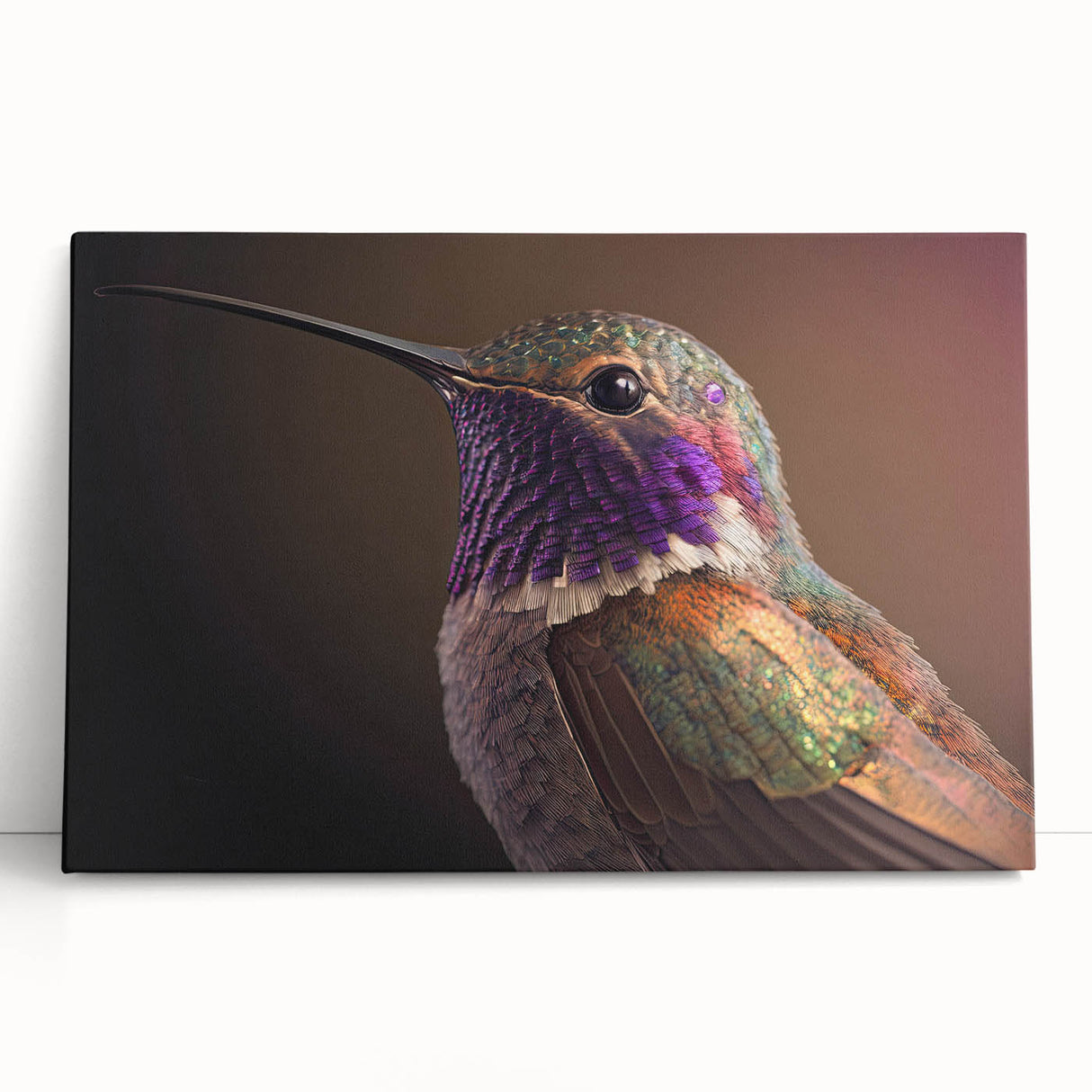 Vibrant hummingbird wall art design printed on stretched canvas, showcasing intricate details and bright colors, perfect for adding a lively touch to any decor.