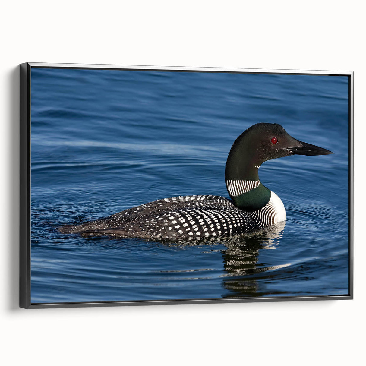 Framed wall art featuring a serene loon design on a black canvas, showcasing its elegant profile against a sleek side view, perfect for modern home decor.