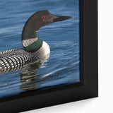 Close-up of a framed canvas wall art featuring a serene loon design, showcasing intricate details in soft blue and earthy tones, perfect for nature-inspired decor.