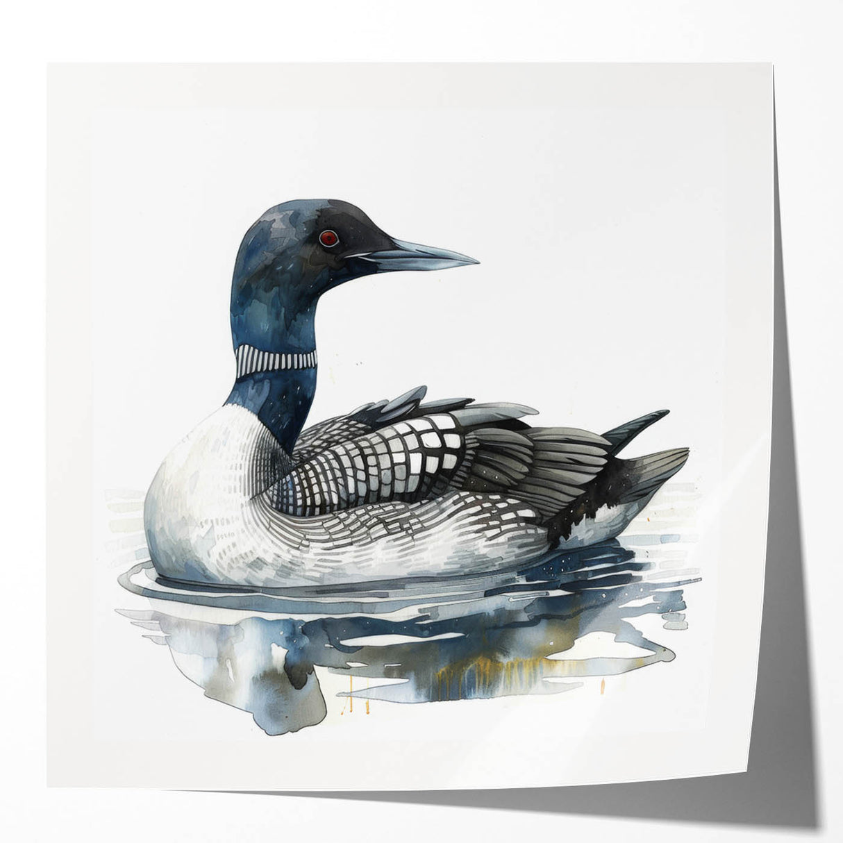 Loon-themed wall art collection featuring vibrant colors and intricate designs, perfect for nature lovers, displayed in a glossy print mockup set. Ideal for home decor.