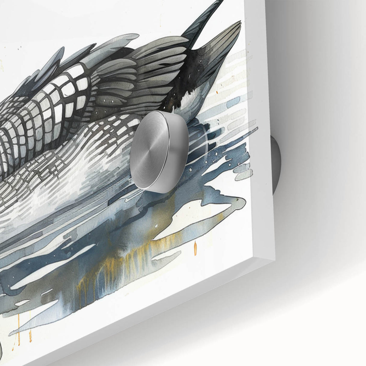 Close-up of a vibrant loon design wall art piece, featuring bold colors and intricate details on acrylic glass. Ideal for modern home decor enthusiasts.