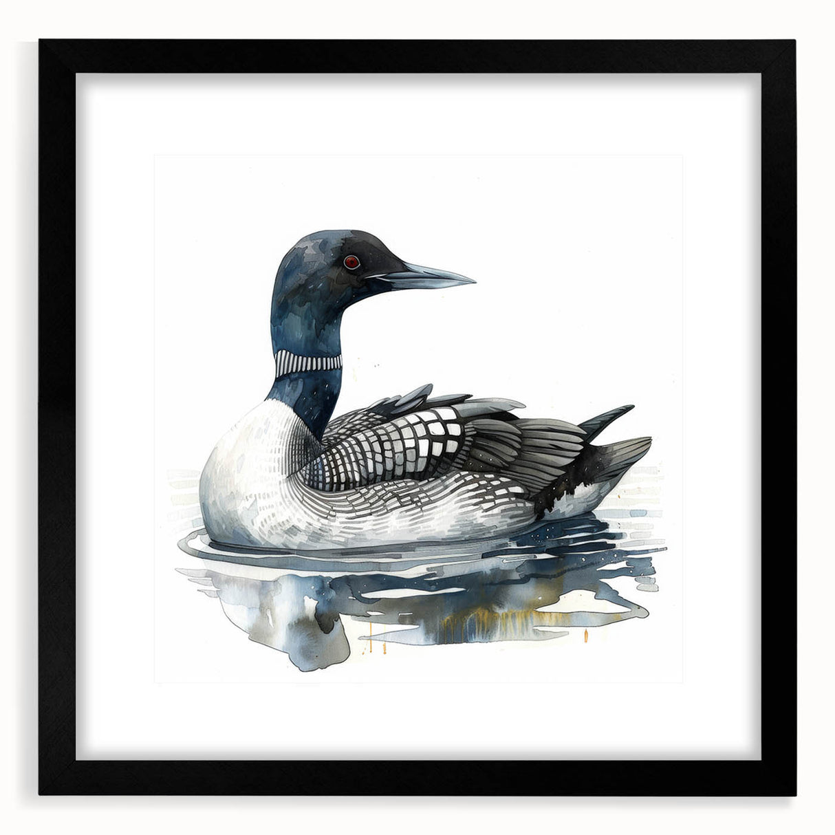 Framed wall art featuring a serene loon design in a natural color palette, showcasing intricate details against a black mat, perfect for home decor.