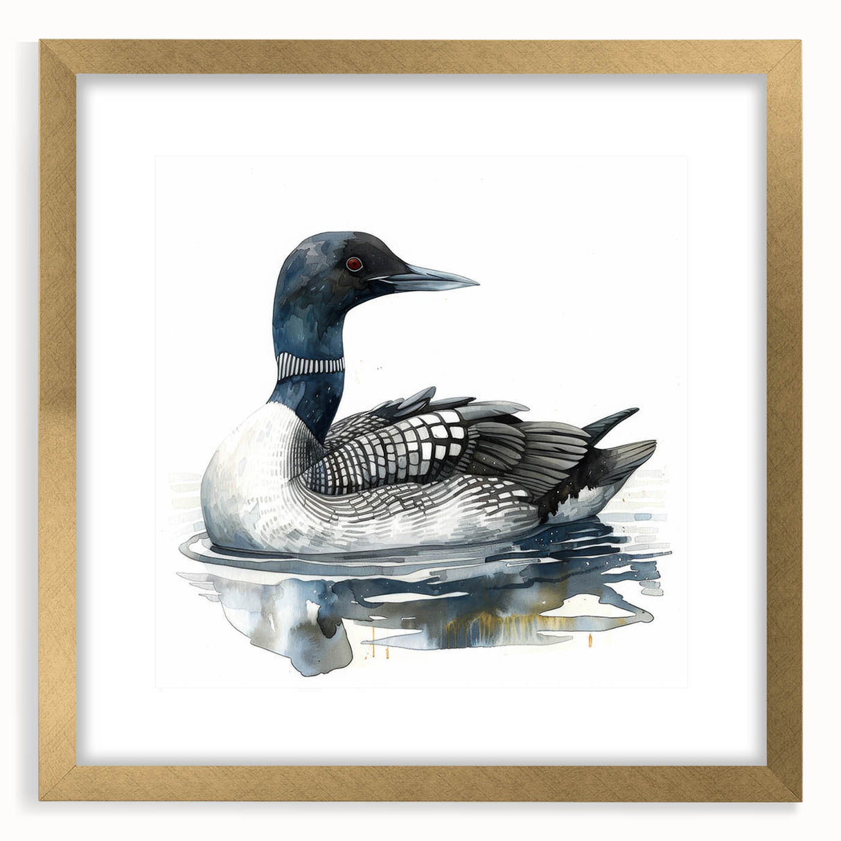 Loon design wall art framed in gold with a mat, showcasing intricate bird illustrations on a serene background, ideal for nature-themed decor.