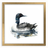 Loon design wall art framed in gold with a mat, showcasing intricate bird illustrations on a serene background, ideal for nature-themed decor.