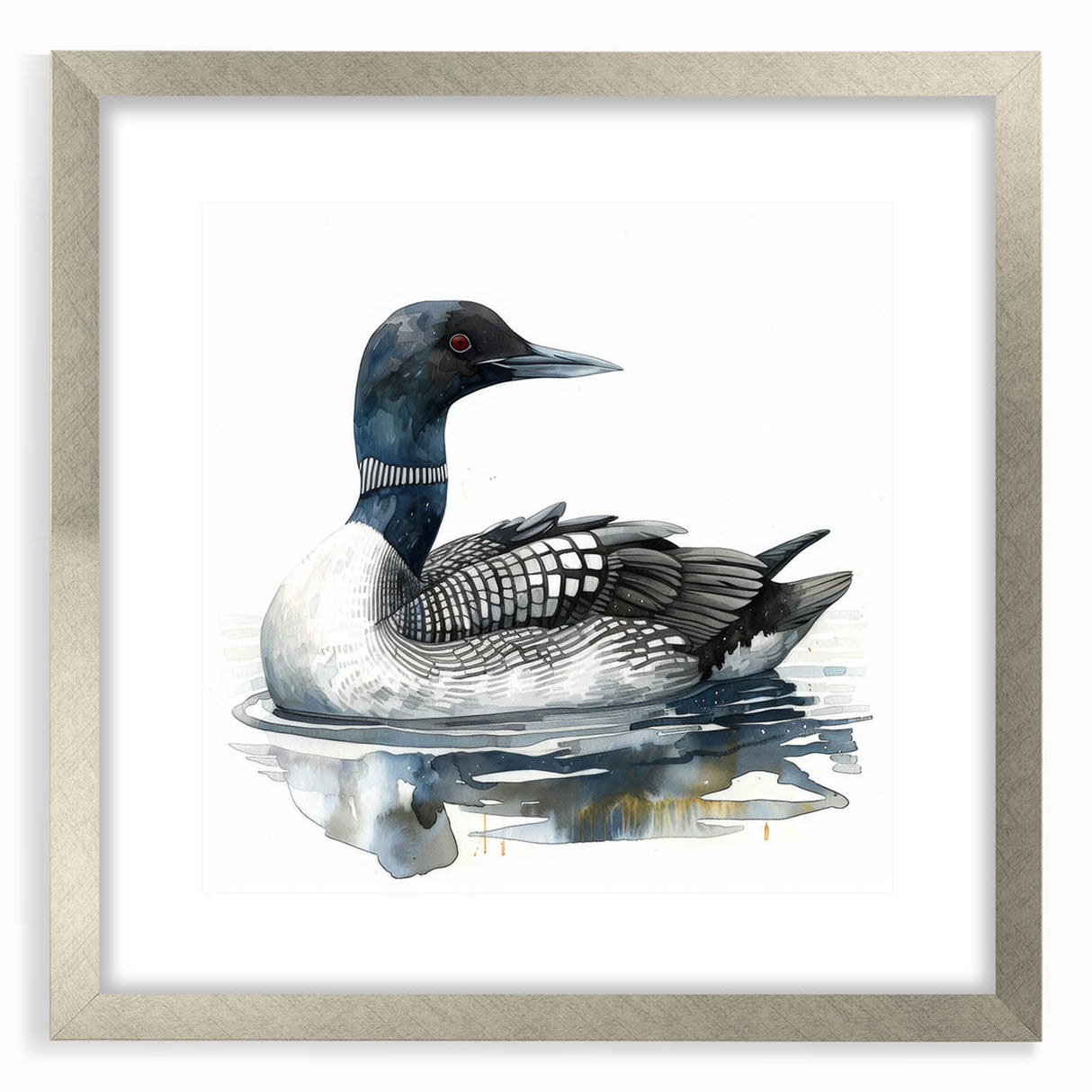 Framed wall art featuring a serene loon design in a silver frame with a mat, perfect for enhancing home decor with nature-inspired elegance.