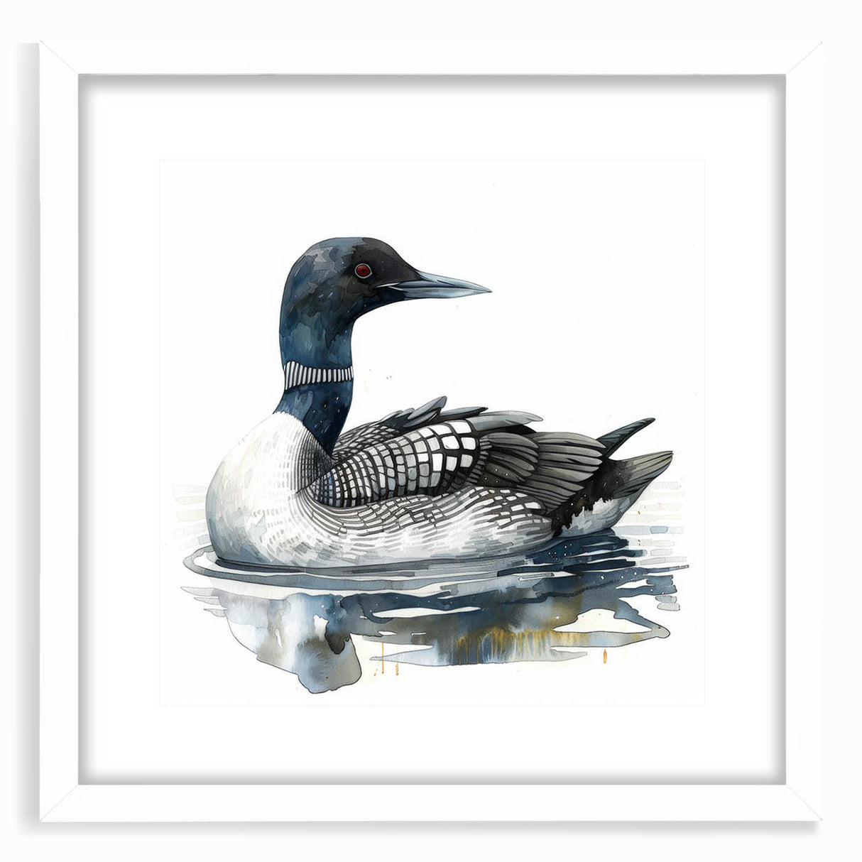 Framed wall art featuring a serene loon design in a minimalist style, set against a white mat and frame, perfect for enhancing modern home decor. This artwork adds a touch of tranquility to any living space.