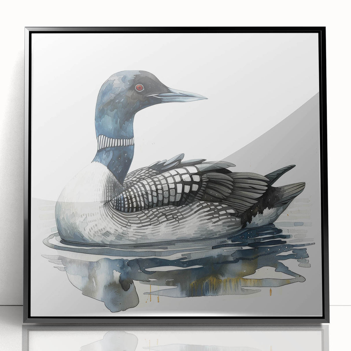 Framed wall art featuring a serene loon design in black acrylic, showcasing intricate details and vibrant colors, perfect for modern home decor.