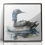 Framed wall art featuring a serene loon design in black acrylic, showcasing intricate details and vibrant colors, perfect for modern home decor.