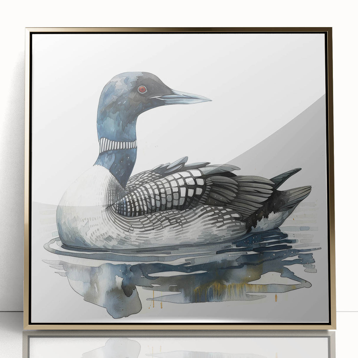 Framed wall art featuring a serene loon design in vibrant colors, set in an elegant gold frame, perfect for adding a touch of nature-inspired decor to any space.
