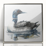 Framed wall art featuring a serene loon design in silver-acrylic, showcasing a modern aesthetic perfect for nature lovers, set against a minimalist background.