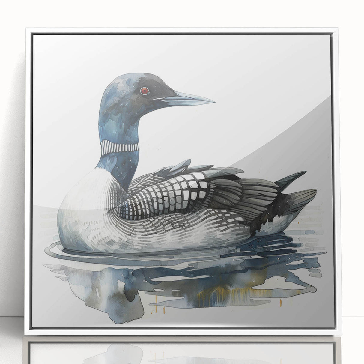 Framed wall art featuring a serene loon design in vibrant colors, set against a white background, perfect for enhancing modern home decor. The acrylic frame adds a sleek touch to any room.