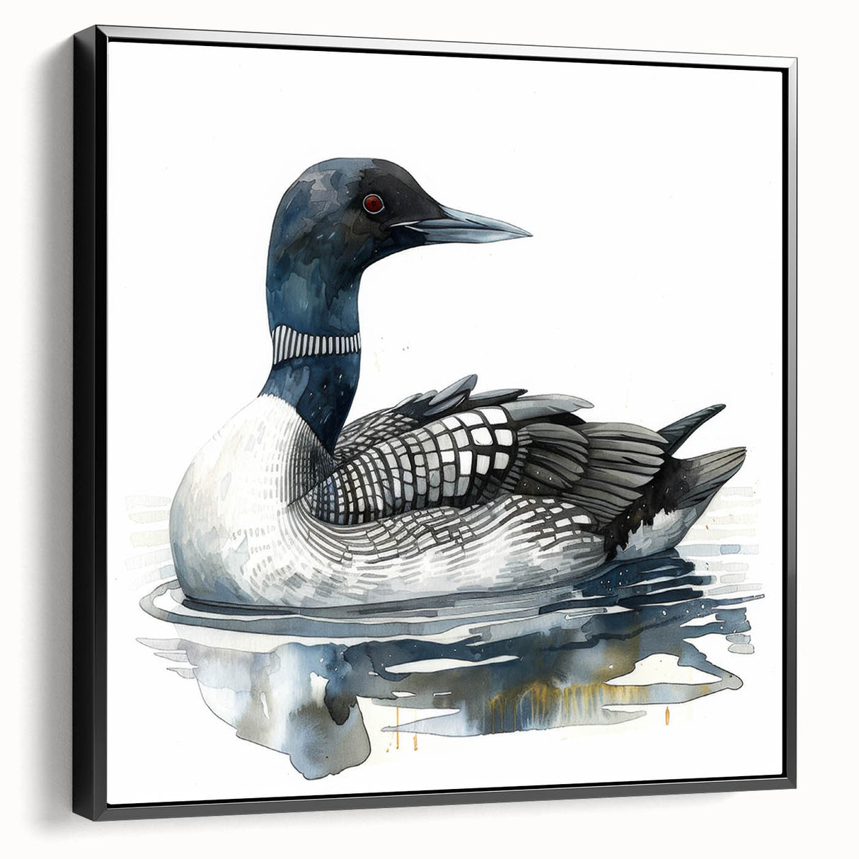 Framed wall art featuring a minimalist loon design on a black canvas, showcasing a side view with elegant detailing and contemporary aesthetic, perfect for modern decor.