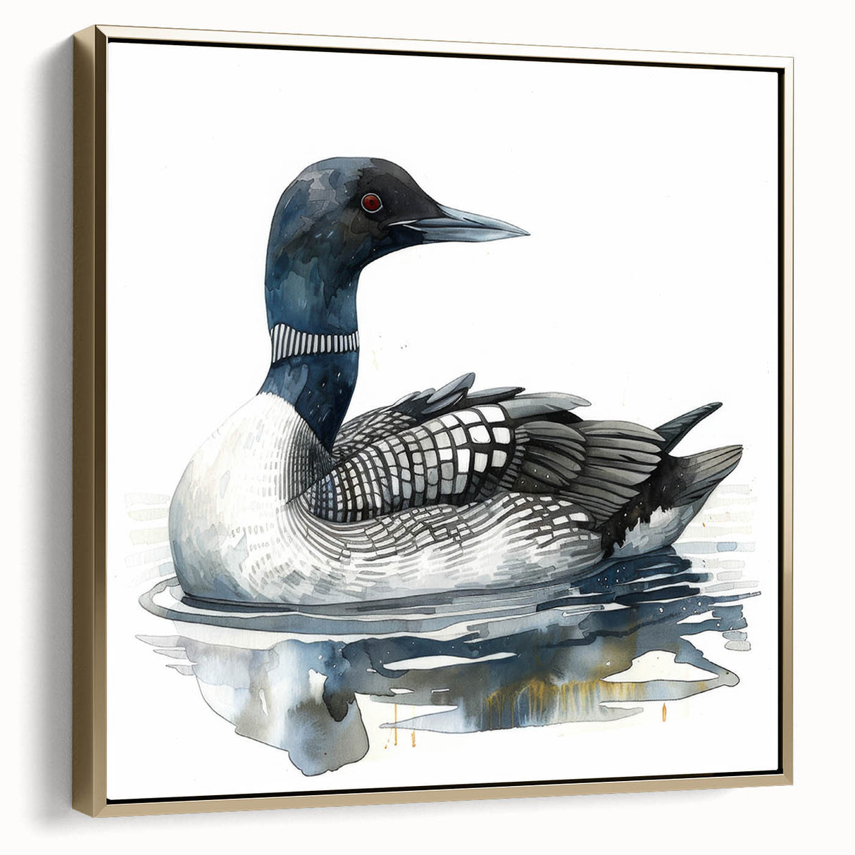 Framed wall art featuring a serene loon design on canvas, accented with a gold frame. Ideal for nature lovers, this elegant piece adds a touch of sophistication to any room décor.