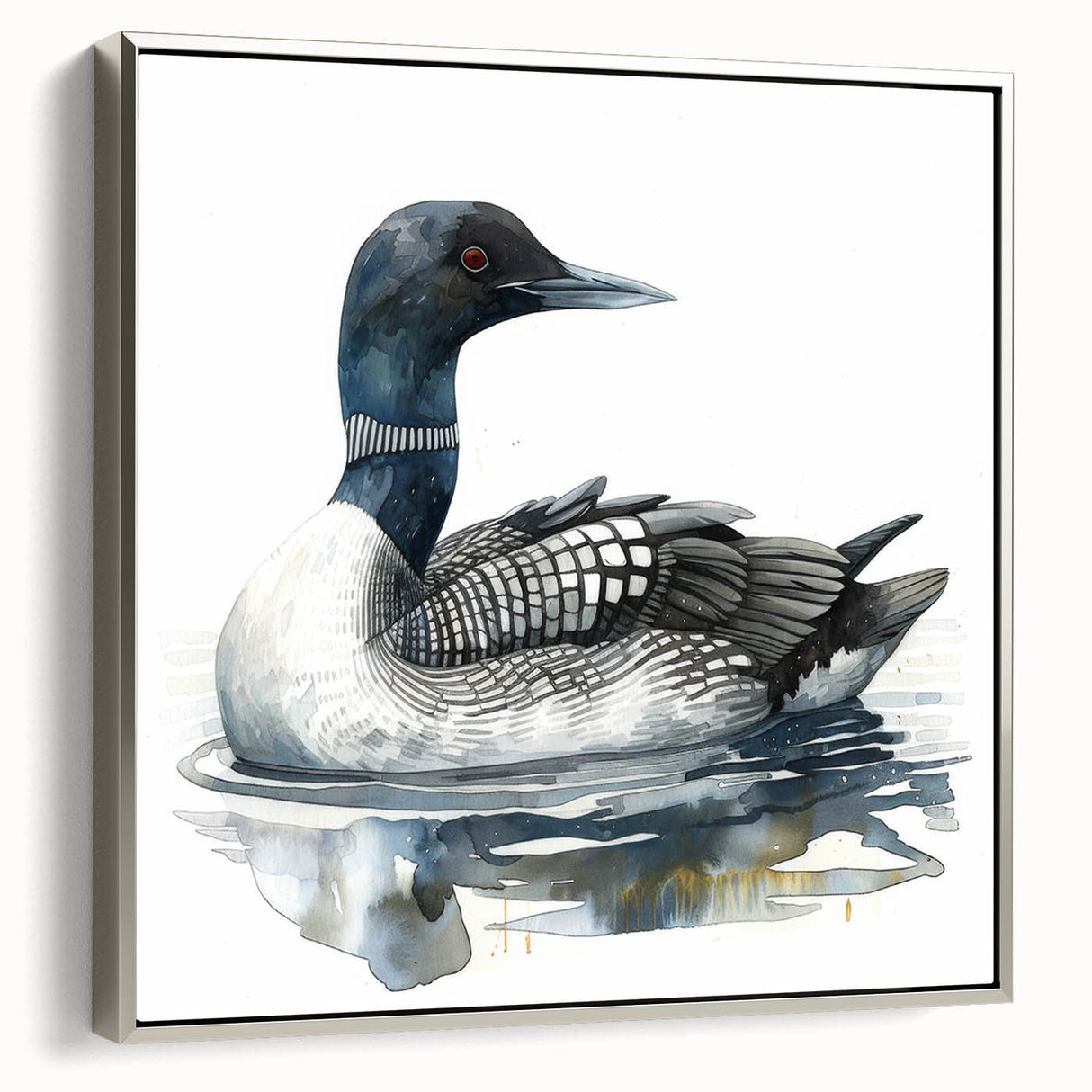 Framed canvas wall art featuring a serene loon design, showcasing intricate details in silver tones, displayed from a side view against a neutral background. Ideal for nature lovers and modern decor enthusiasts.