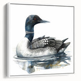 Framed canvas wall art showcasing a serene loon design in a minimalist style, displayed against a white background, perfect for modern home decor.