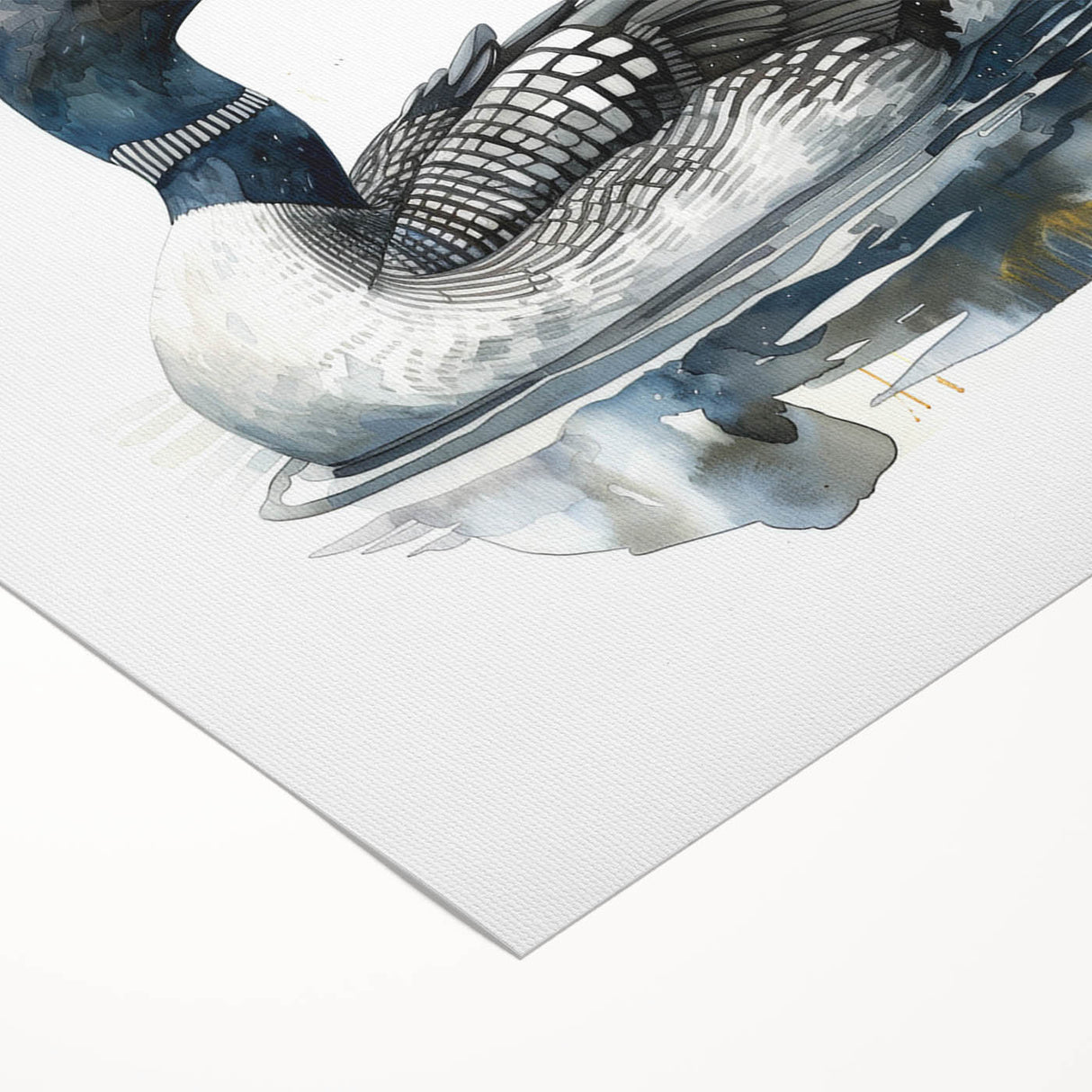 Loon design wall art on rolled canvas, showcasing intricate details and vibrant colors, ideal for nature-themed decor, presented in a protective tube.