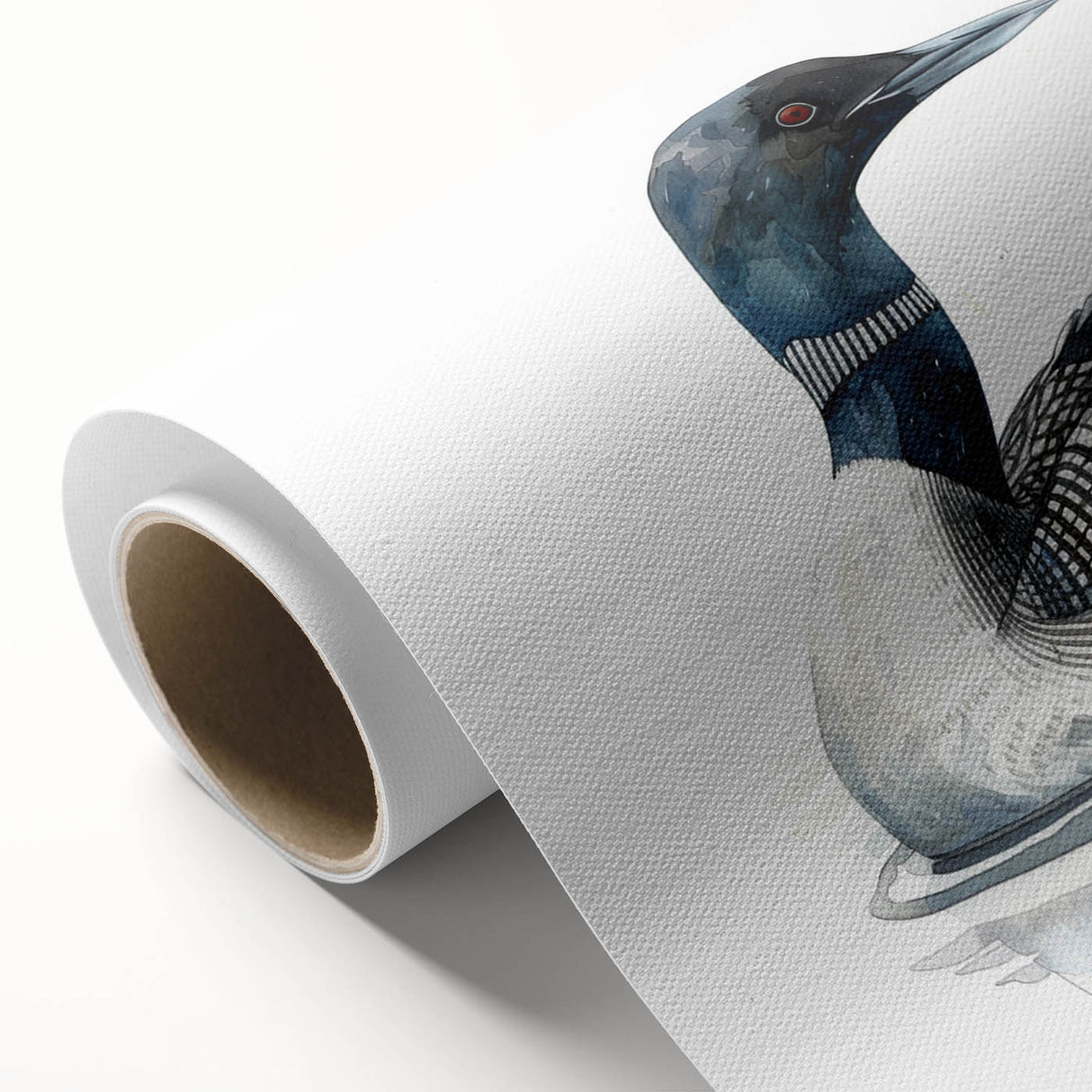 Loon design wall art on rolled canvas showcasing vibrant colors and intricate details, perfect for enhancing modern home decor. Packaged securely in a tube.
