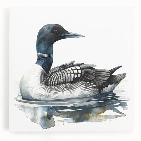 Loon design wall art on stretched canvas, showcasing vibrant colors and intricate details, ideal for nature-themed decor in living spaces. Perfect for bird lovers.
