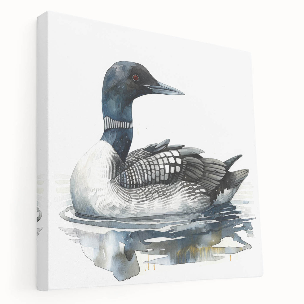 Stretched canvas wall art showcasing a serene loon design in vibrant colors, perfect for nature-inspired decor, displayed from a side view.
