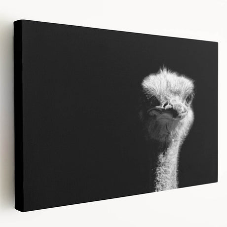Side view of a vibrant ostrich-themed wall art design on stretched canvas, showcasing intricate details and rich colors, ideal for home decor enthusiasts.