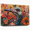 Ostrich-themed wall art design displayed in acrylic glass, showcasing vibrant colors and intricate details from a side view, mounted with stylish pins.