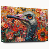 Ostrich-themed wall art design displayed in acrylic glass, showcasing vibrant colors and intricate details from a side view, mounted with stylish pins.