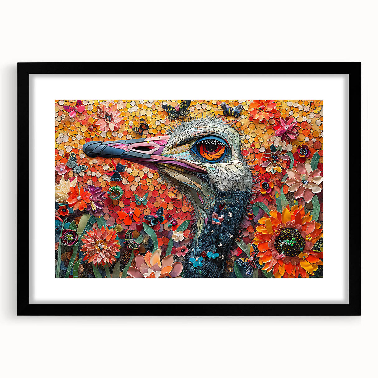 Framed wall art featuring a stylized ostrich design, set against a black mat, showcasing intricate details and vibrant colors, perfect for modern home decor.