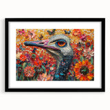 Framed wall art featuring a stylized ostrich design, set against a black mat, showcasing intricate details and vibrant colors, perfect for modern home decor.
