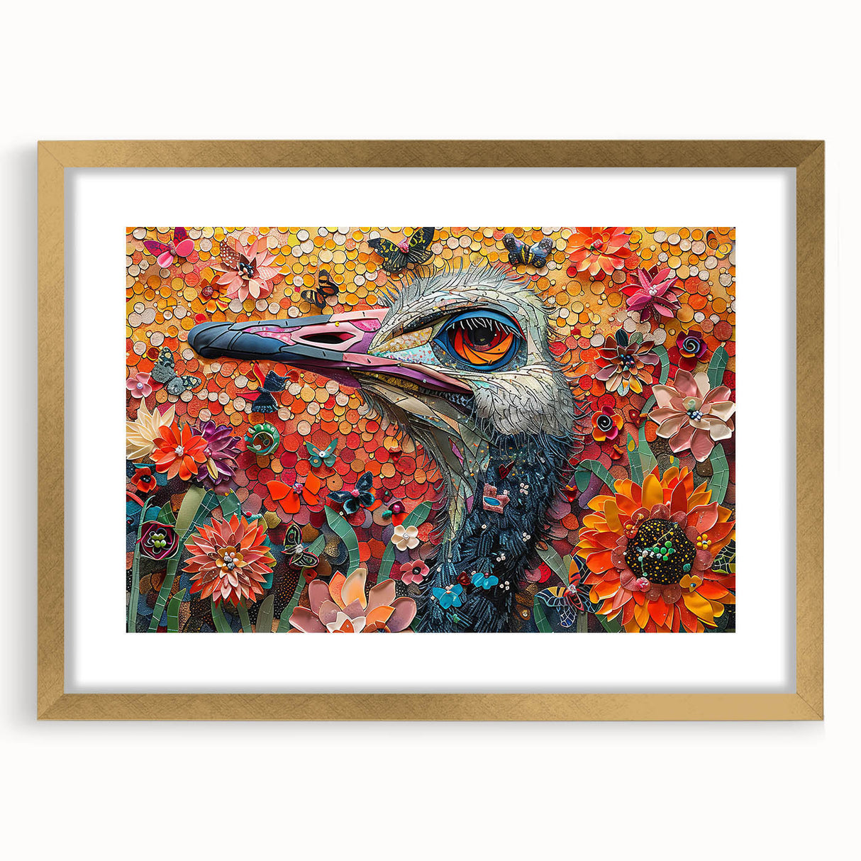 Framed wall art featuring a stylish ostrich design with a gold mat, perfect for modern decor. The artwork adds elegance and vibrancy to any room.