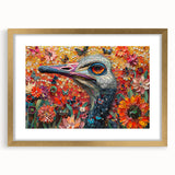 Framed wall art featuring a stylish ostrich design with a gold mat, perfect for modern decor. The artwork adds elegance and vibrancy to any room.