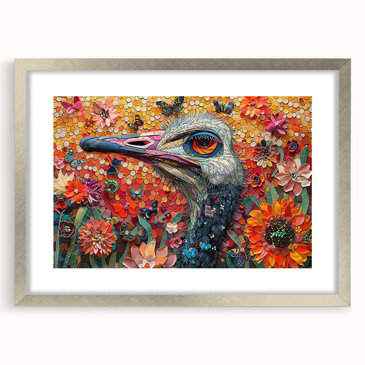 Framed wall art featuring an elegant ostrich design, displayed in a sleek silver frame with a mat, perfect for modern home decor, highlighting unique avian artistry.