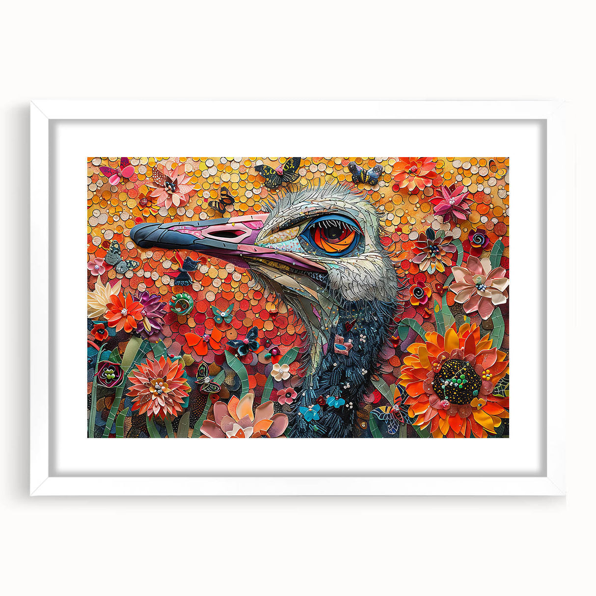 Ostrich-themed wall art print displayed in a sleek white frame with matting, featuring vibrant colors and intricate details, perfect for modern home decor.