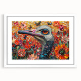 Ostrich-themed wall art print displayed in a sleek white frame with matting, featuring vibrant colors and intricate details, perfect for modern home decor.