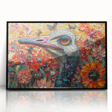 Framed wall art featuring a striking ostrich design in black acrylic, showcasing intricate details and vibrant colors, perfect for modern home decor.