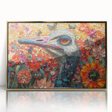 Framed wall art featuring a striking design of colorful ostriches, set in a sleek gold frame with an acrylic front, perfect for modern decor.
