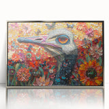 Framed acrylic wall art featuring a vibrant ostrich design, showcasing intricate details and a sleek silver frame, perfect for modern home decor.