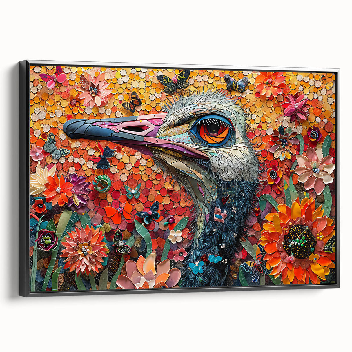 Framed canvas wall art featuring a striking ostrich design in monochromatic colors, showcasing intricate details and textures, perfect for modern decor.