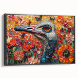 Framed canvas wall art featuring a striking ostrich design in monochromatic colors, showcasing intricate details and textures, perfect for modern decor.