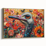 Ostrich-themed wall art featuring a gold-framed canvas with intricate design details, showcasing vibrant colors and textures, ideal for stylish home decor.