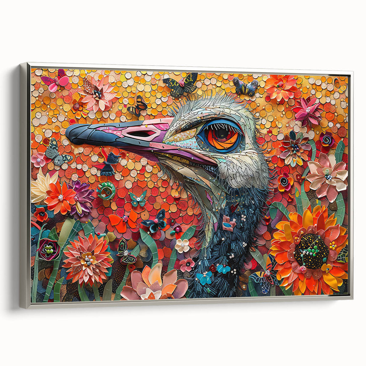 Framed wall art featuring an elegant silver side view of an ostrich design, showcasing intricate details and vibrant colors, perfect for enhancing modern decor.