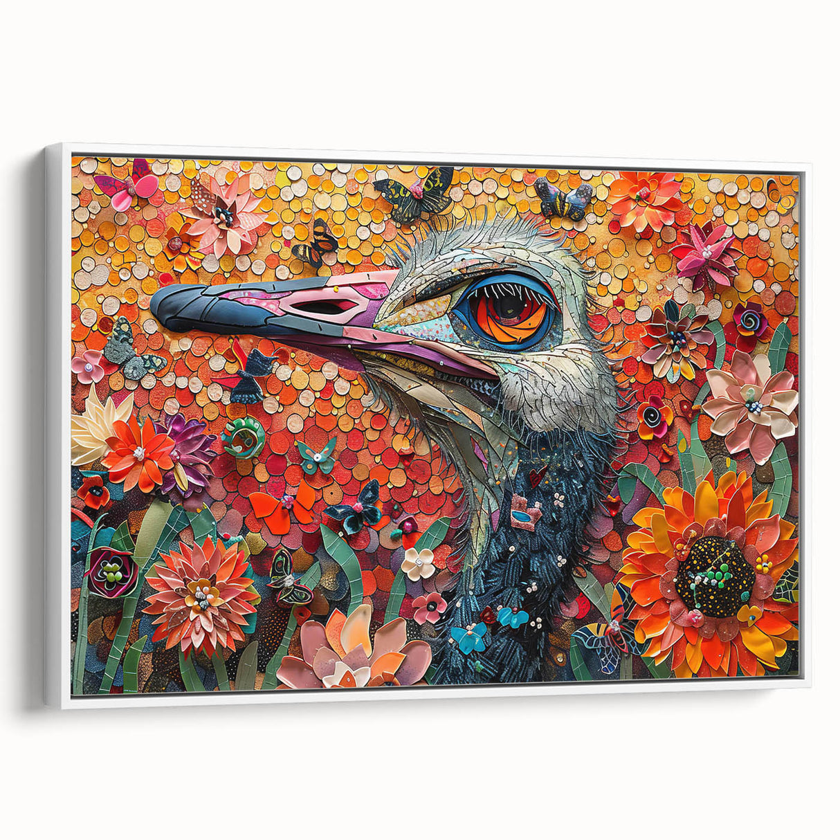 Framed wall art featuring a detailed ostrich design on a textured canvas, displayed against a white background, perfect for home decor enthusiasts.
